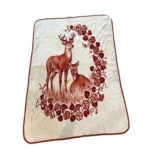 Vintage San Marcos Blanket Cobertor Sz95x68 Deer Doe Ivy Brown Cream Reversible